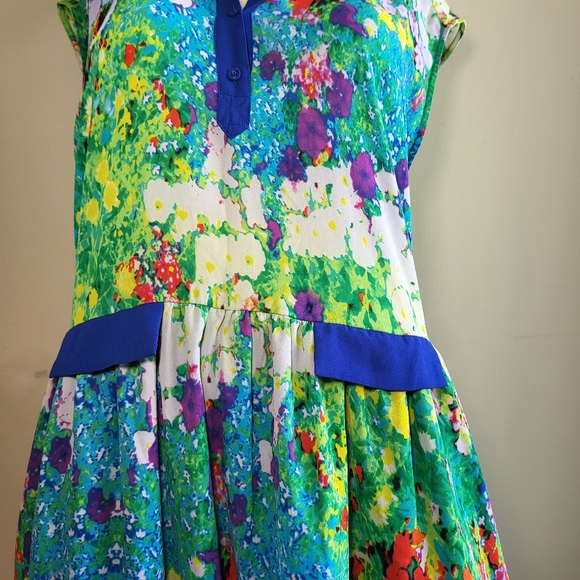 Size L Lamore Nannette Lepore V-neck Gree Multicolor flare Dress - Picture 4 of 8